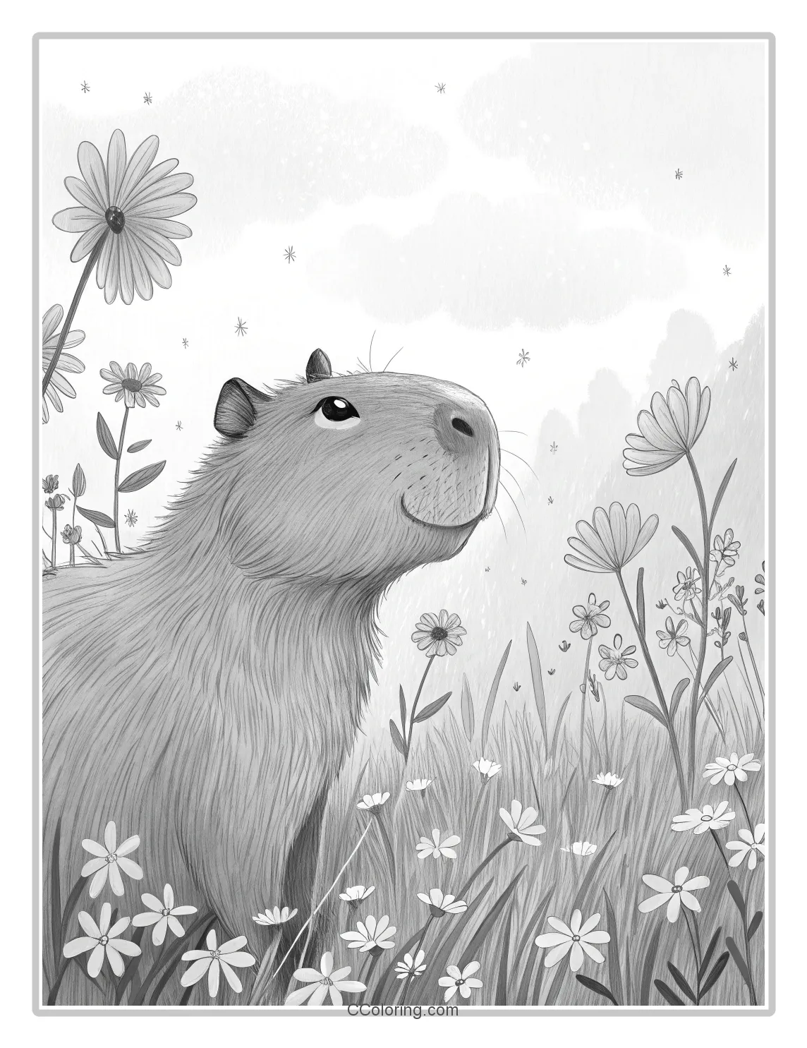 A capybara coloring pages by a field of wildflowers