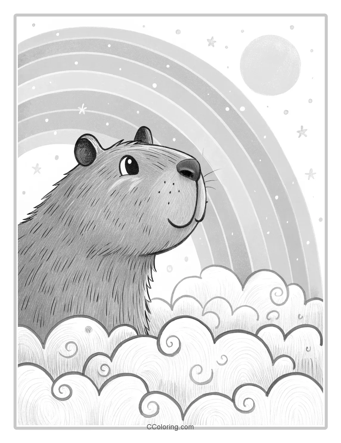 A capybara coloring pages rainbow and fluffy clouds