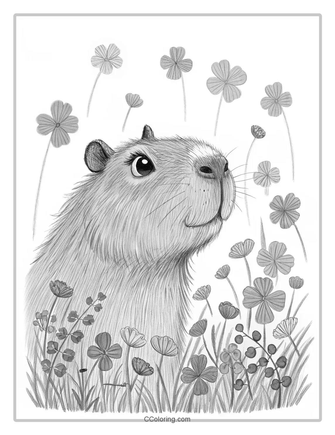 A capybara coloring pages surrounded by a field