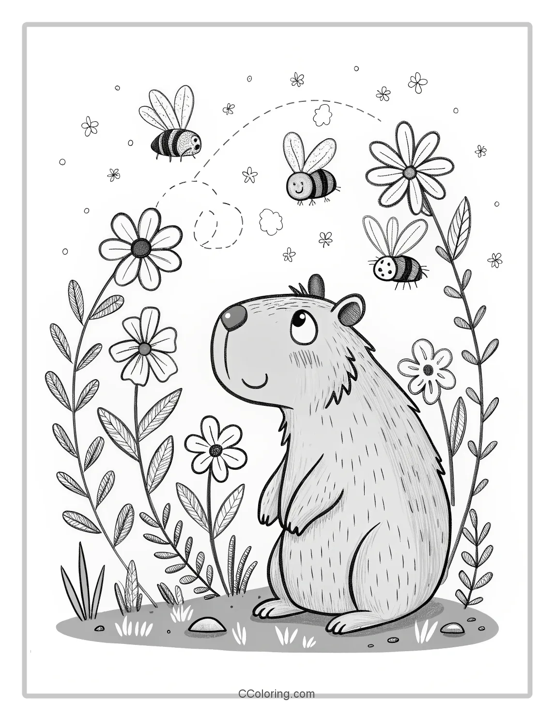 A capybara coloring pages surrounded by flowers and bees