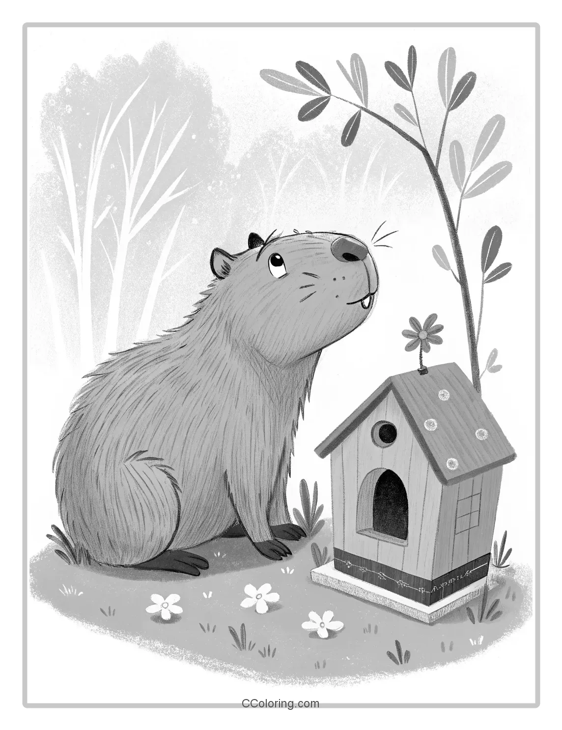 A capybara coloring pages with a cute face birdhouse