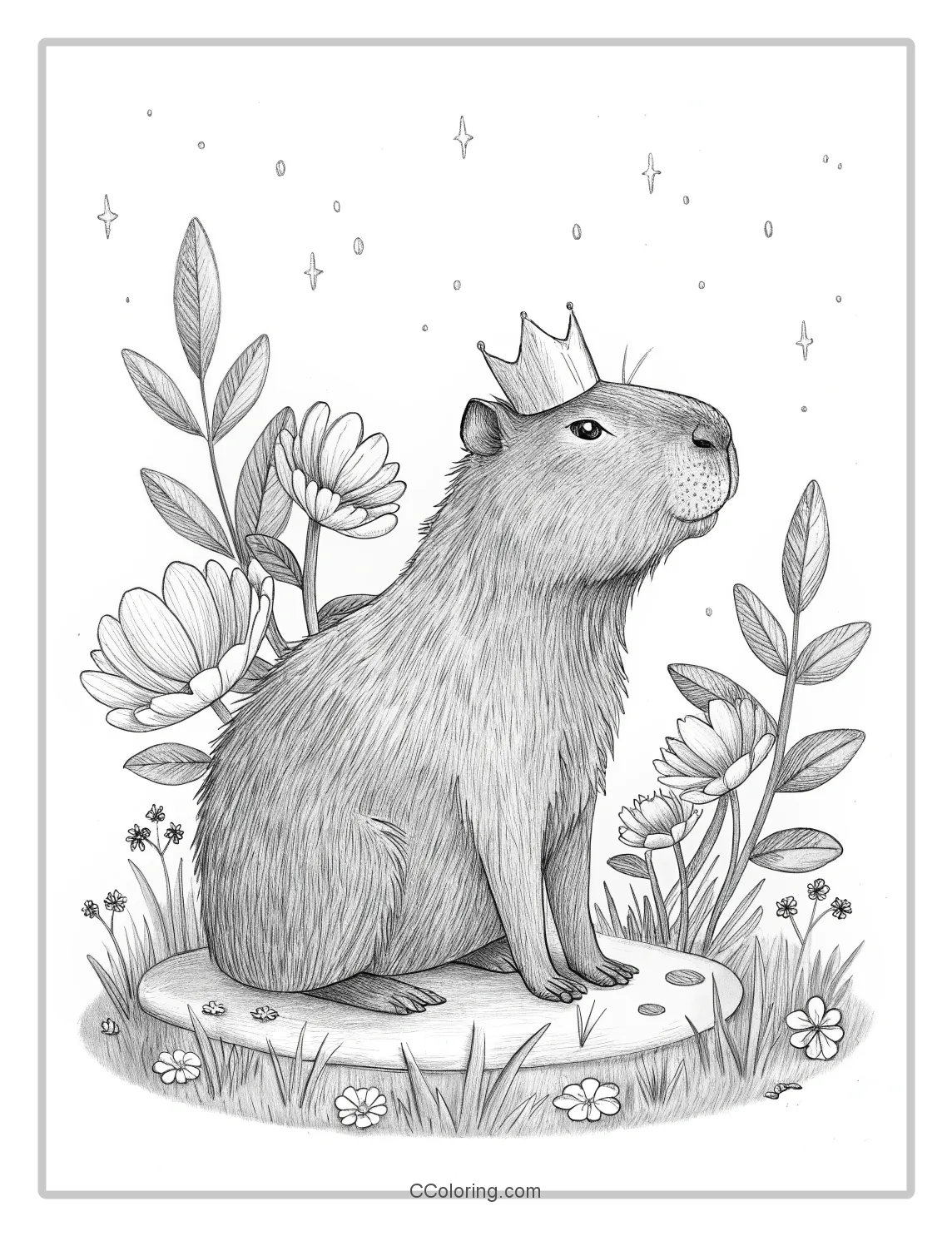 A capybara coloring pages with a tiny crown flowers