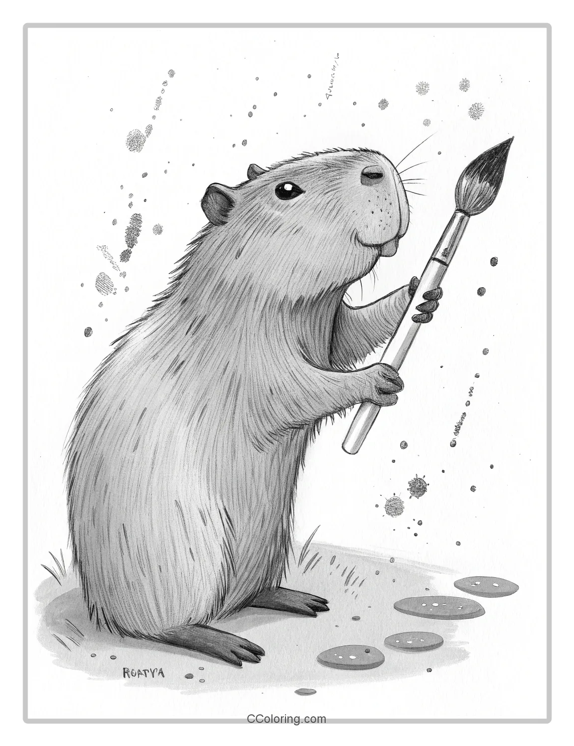 A capybara coloring pages with paint splatters