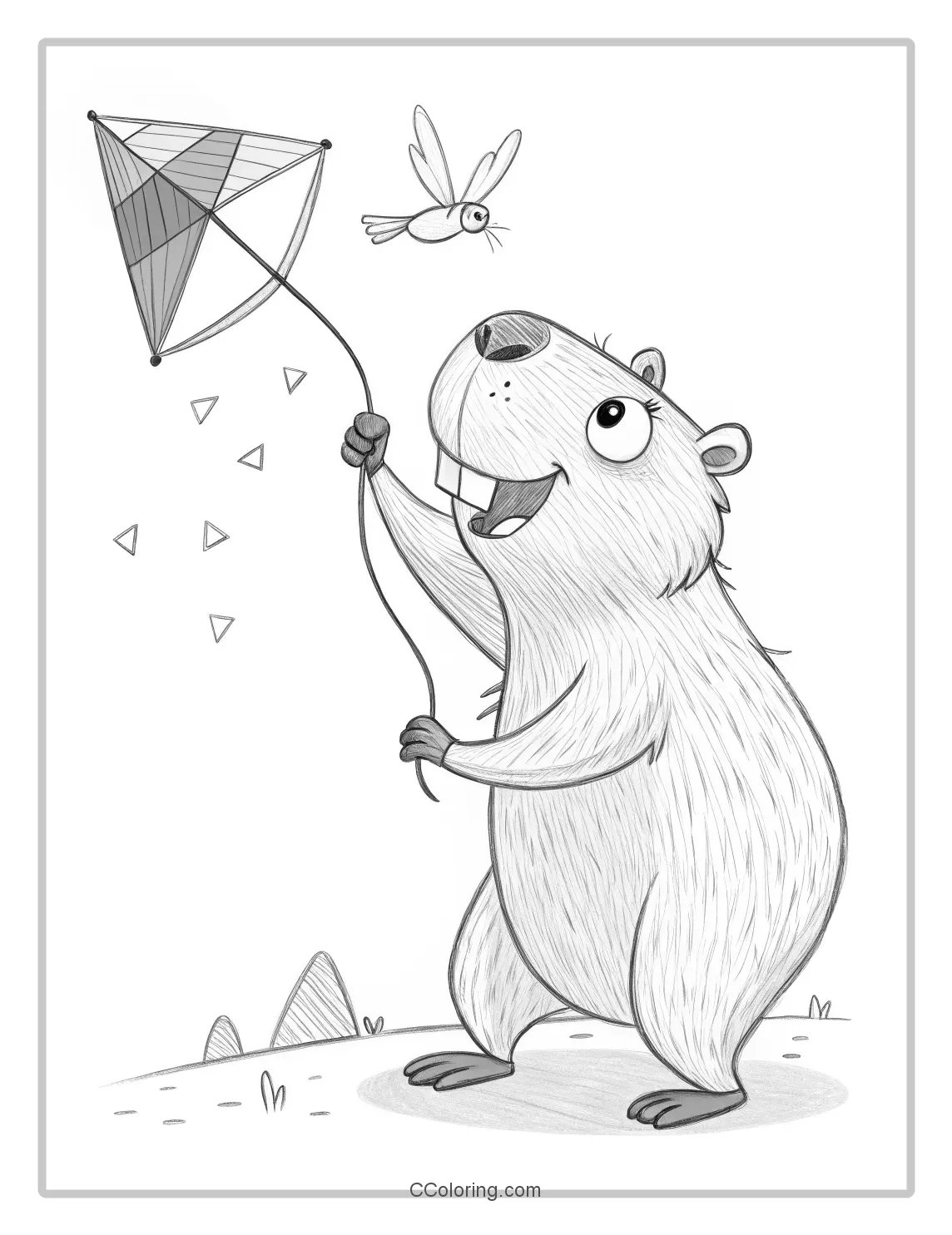A capybara with a big smile a colorful kite