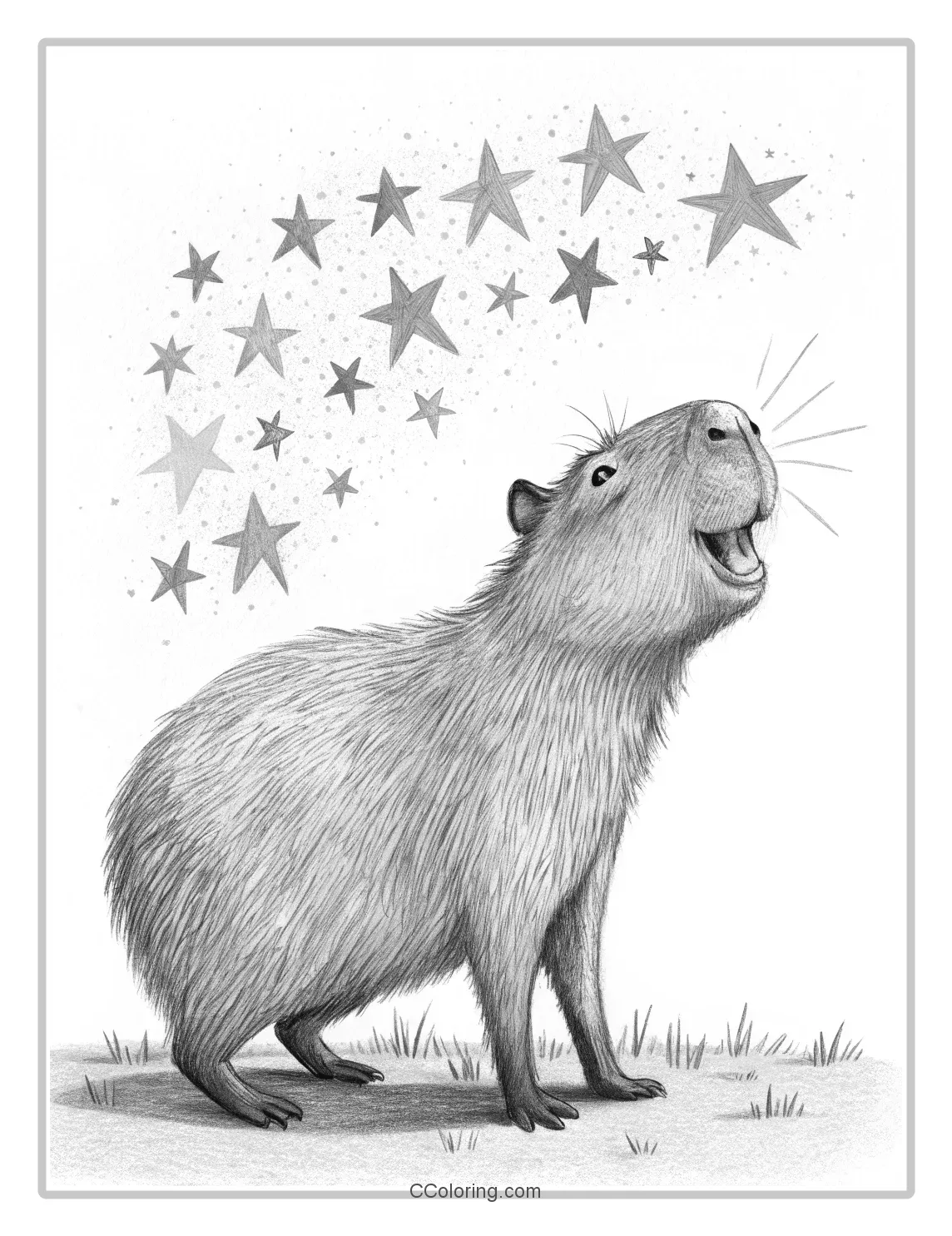 A capybara with a big smile by a cluster stars