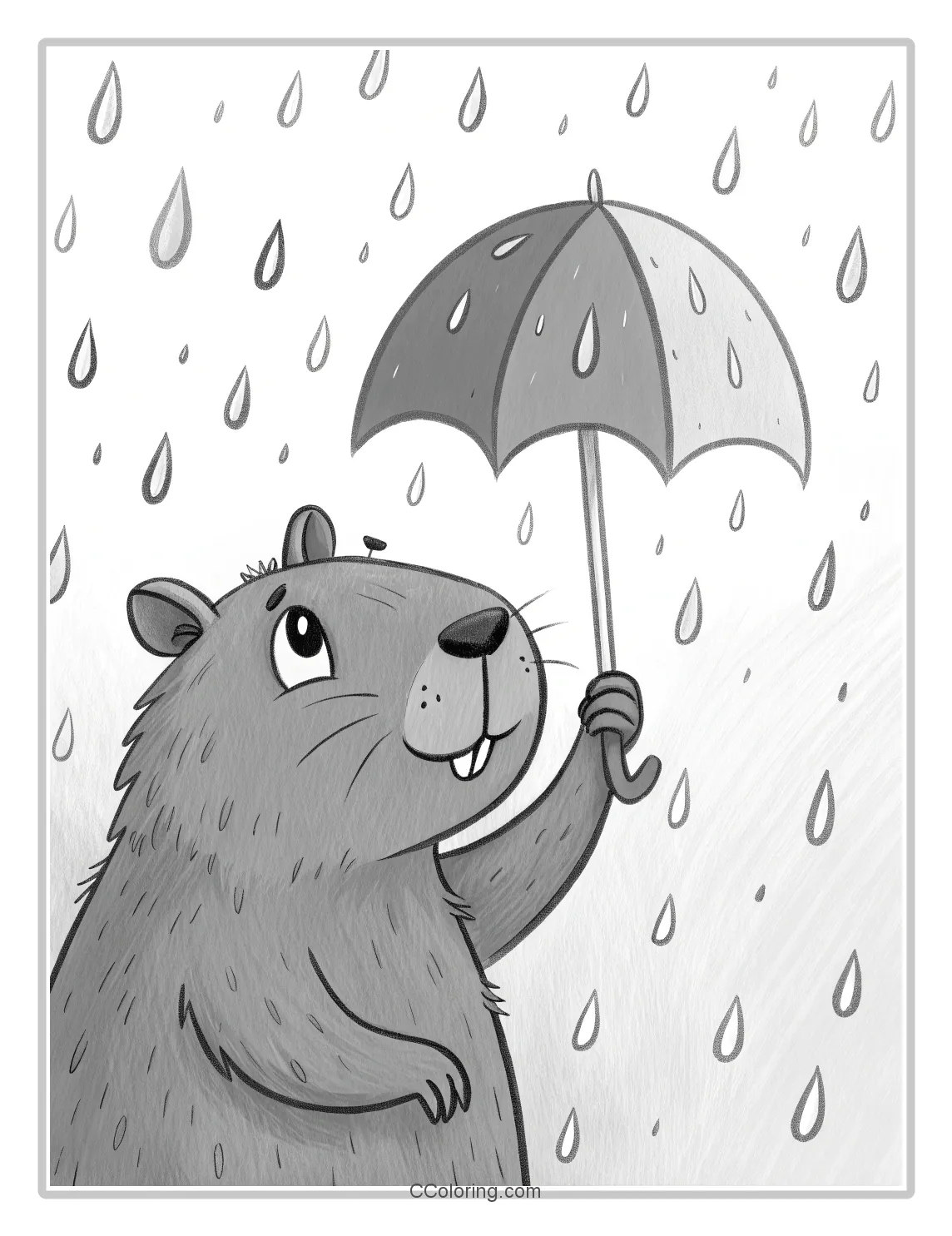 A capybara with a small umbrella with raindrops around