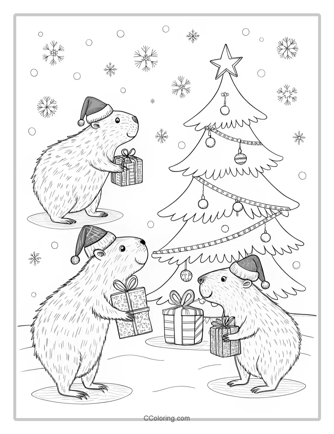 Capybara Coloring Pages with Christmas Themes