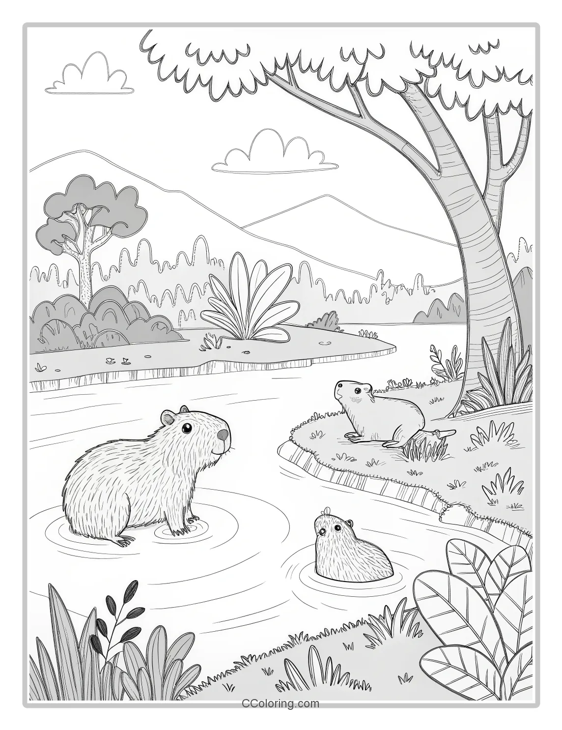 Capybara Coloring Pages with Riverbank Scenes