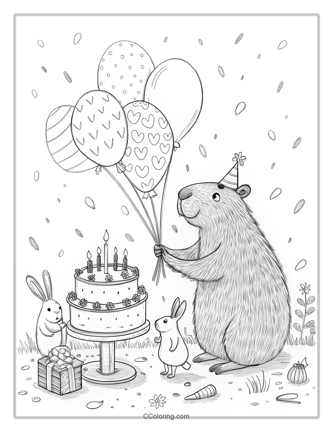 Capybara Party with balloons and birds as outlines
