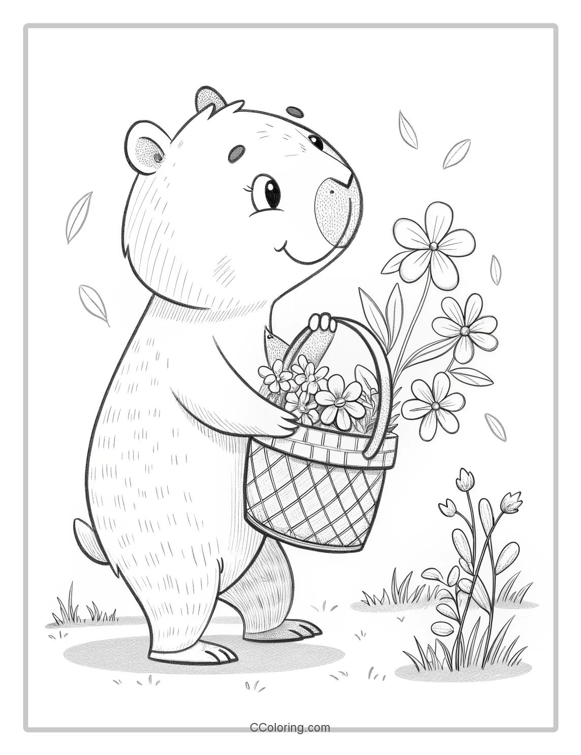 Capybara coloring pages a basket of outlined flowers