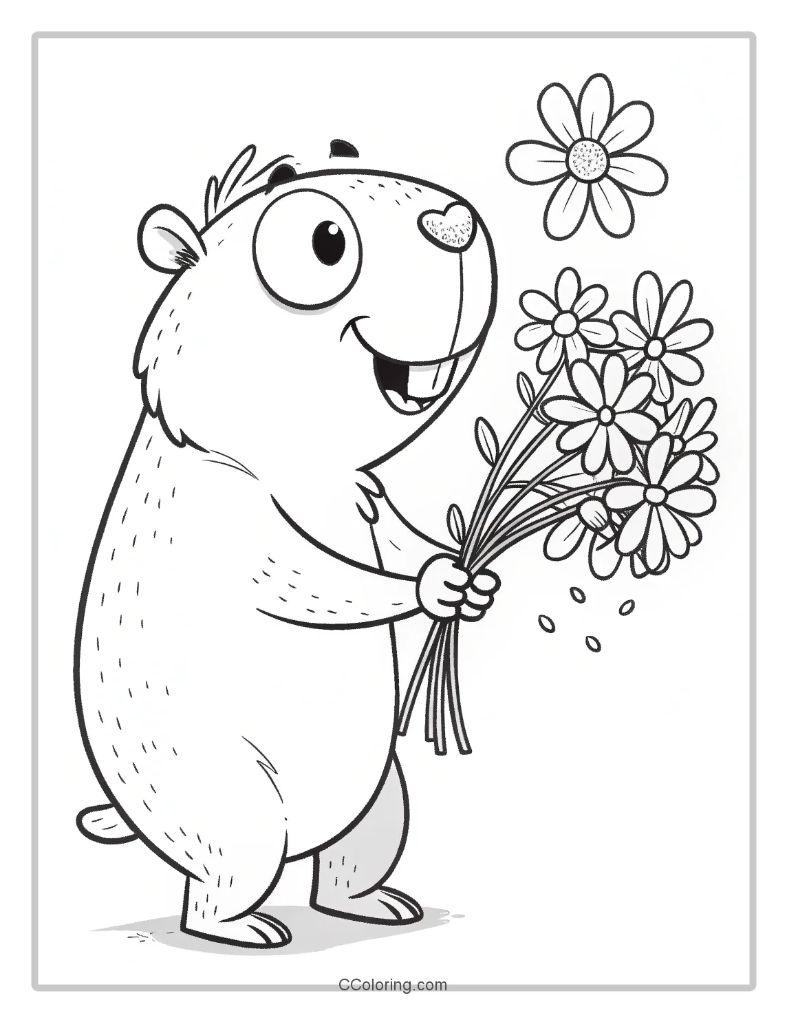 Capybara coloring pages a bouquet of outlined flowers