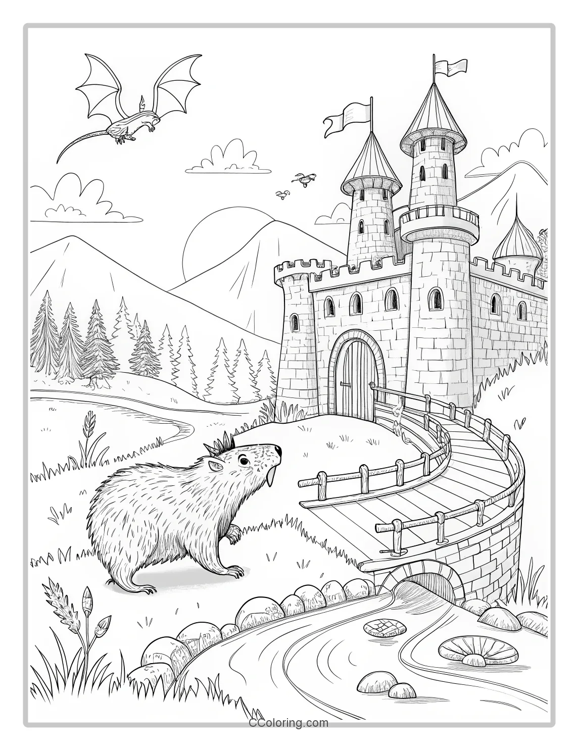 Capybara coloring pages and a drawbridge