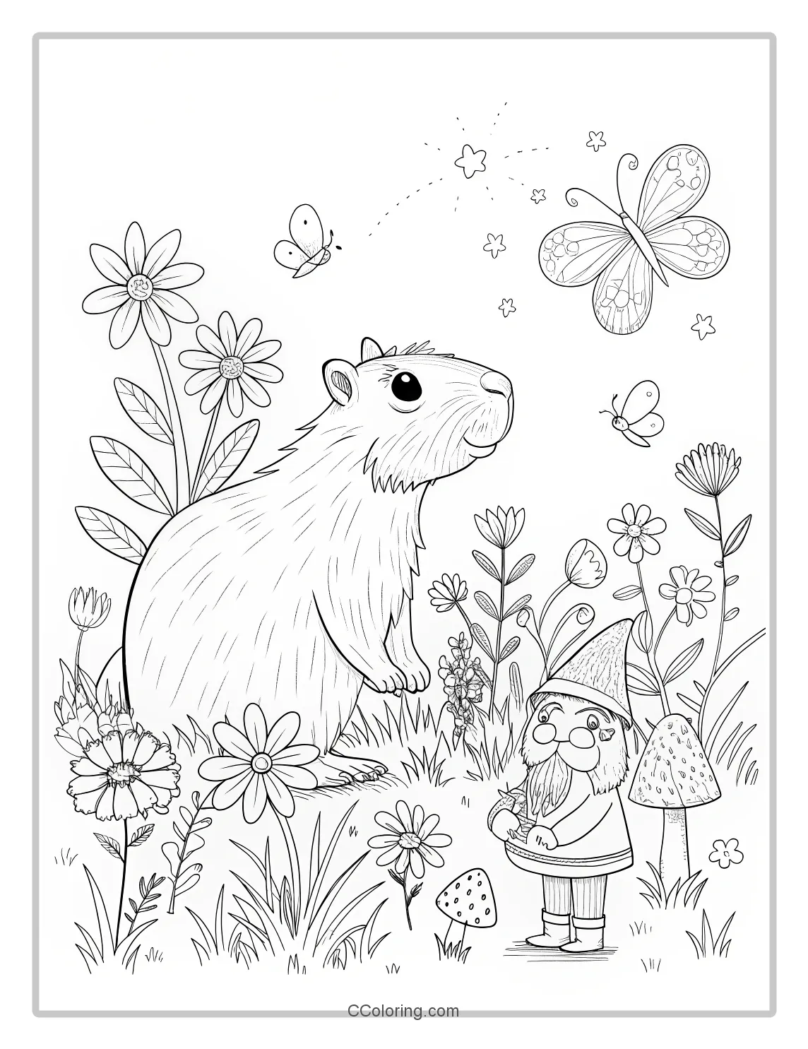 Capybara coloring pages by a variety of flowers butterflies