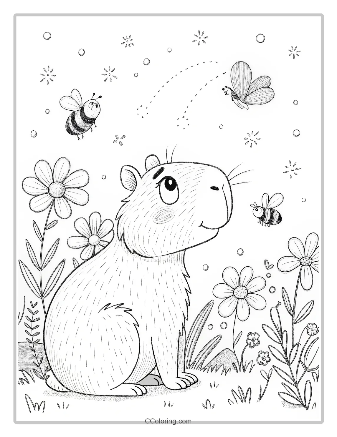Capybara coloring pages flowers and bees