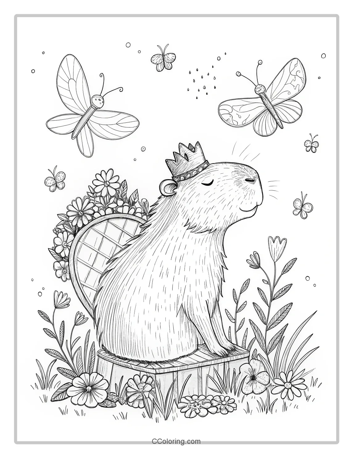 Capybara coloring pages flowers and butterflies fluttering around