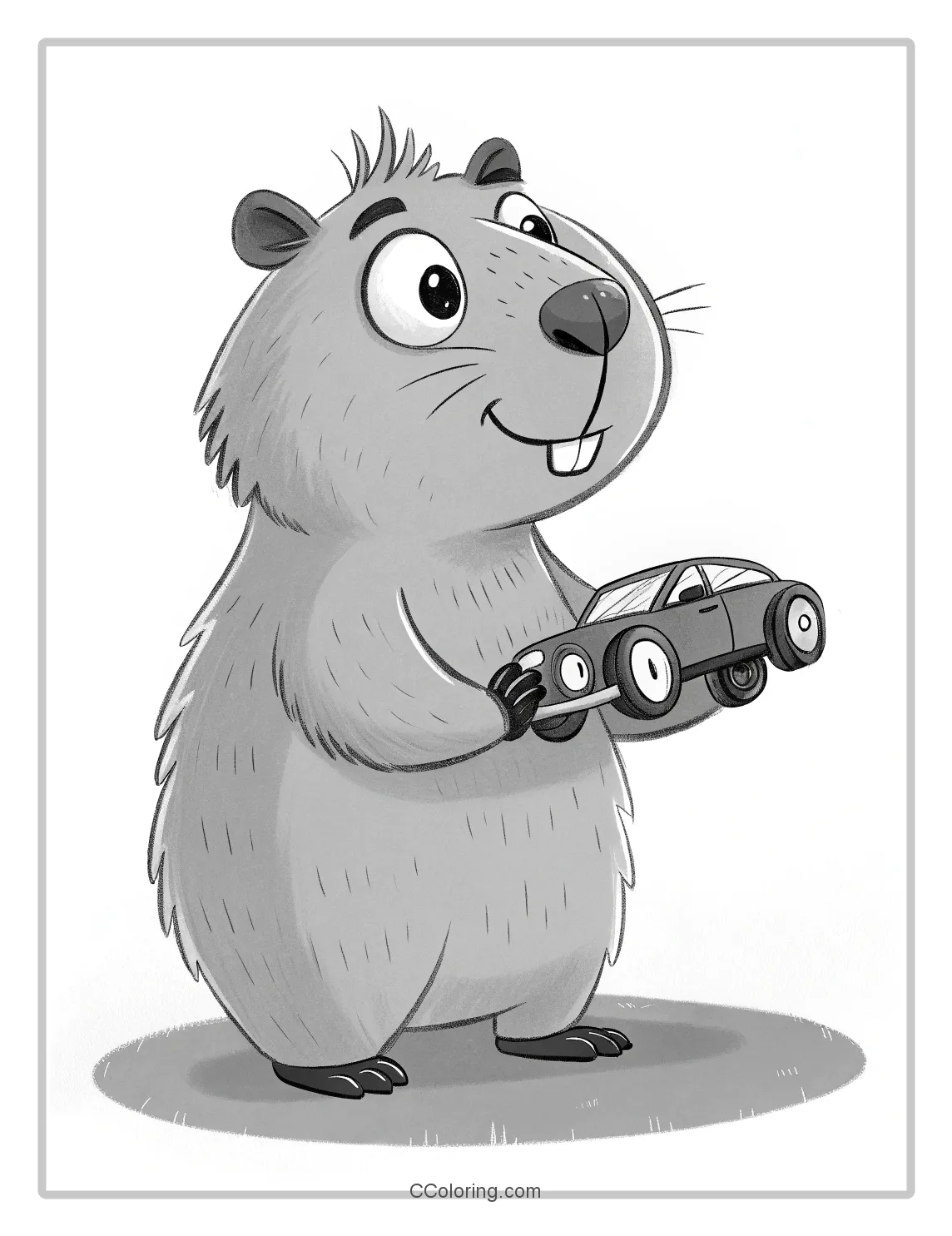 Capybara coloring pages holding a small toy car