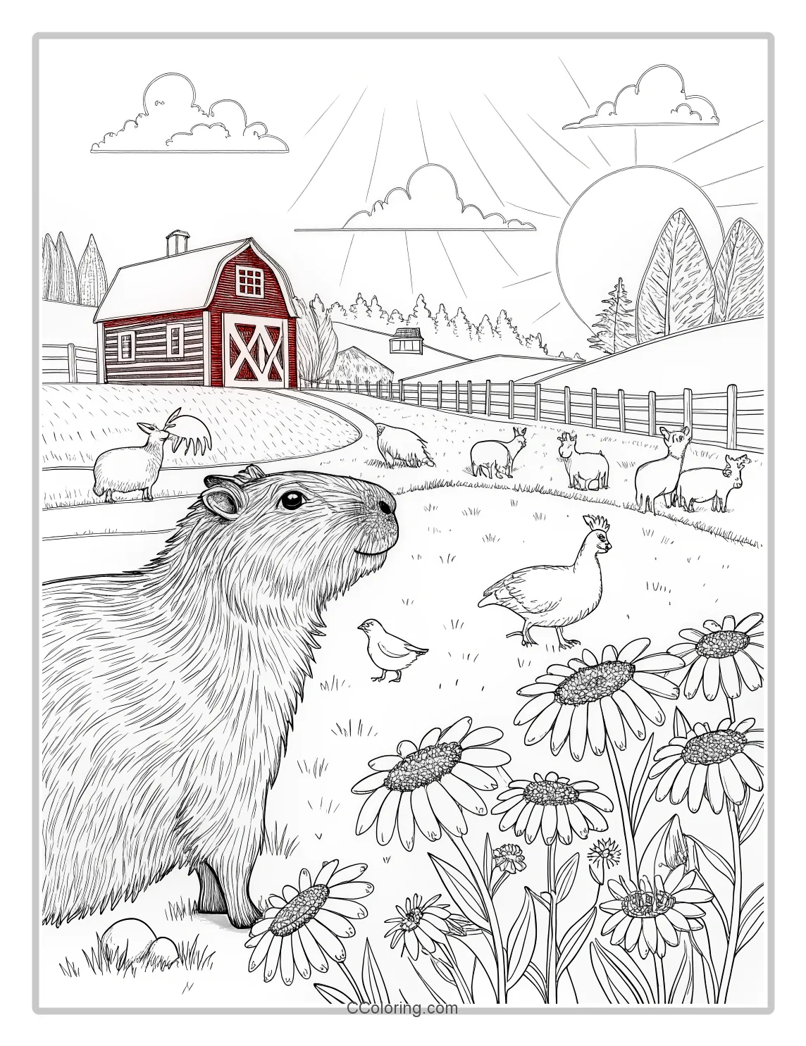 Capybara coloring pages in a Farm