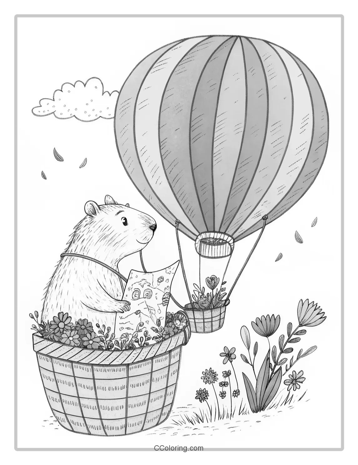 Capybara coloring pages in a Hot Air Balloon
