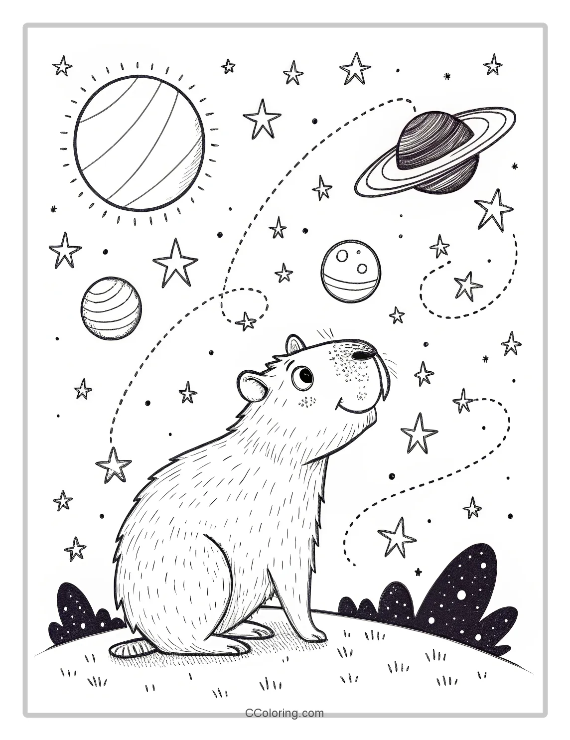 Capybara coloring pages stars and planets