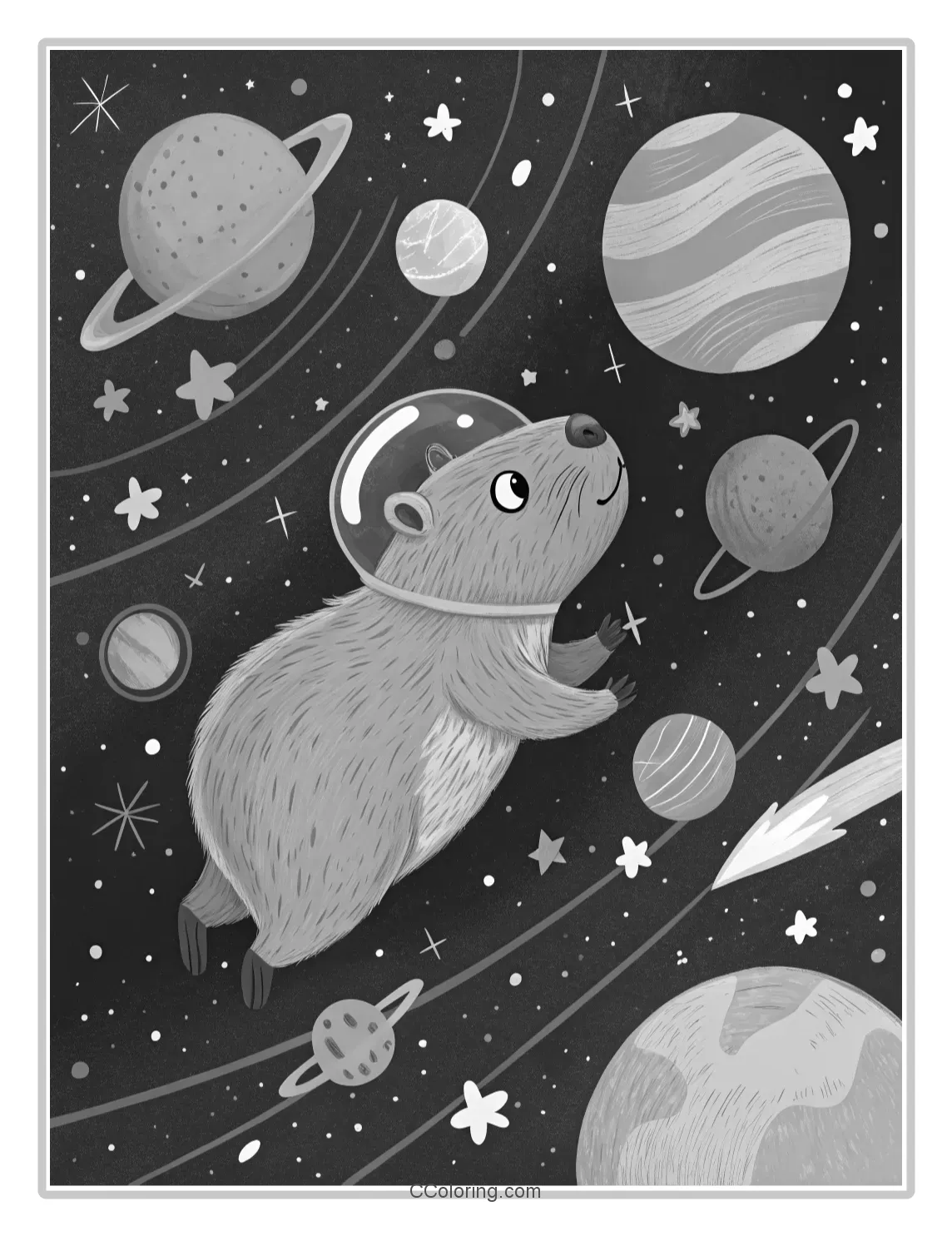 Capybara in Space A capybara floating in space with planets