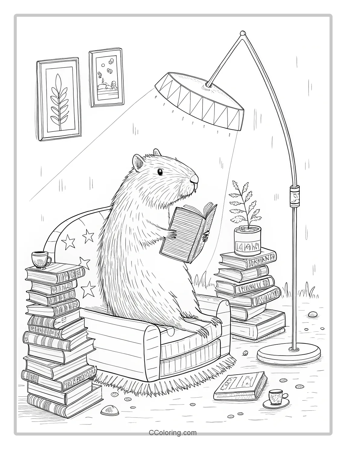 Capybara in a Library easy coloring