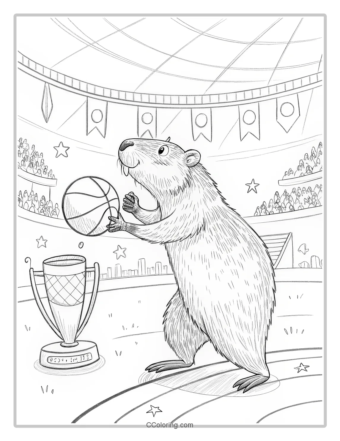 Capybara in a Sports Arena  cheering fans and a trophy