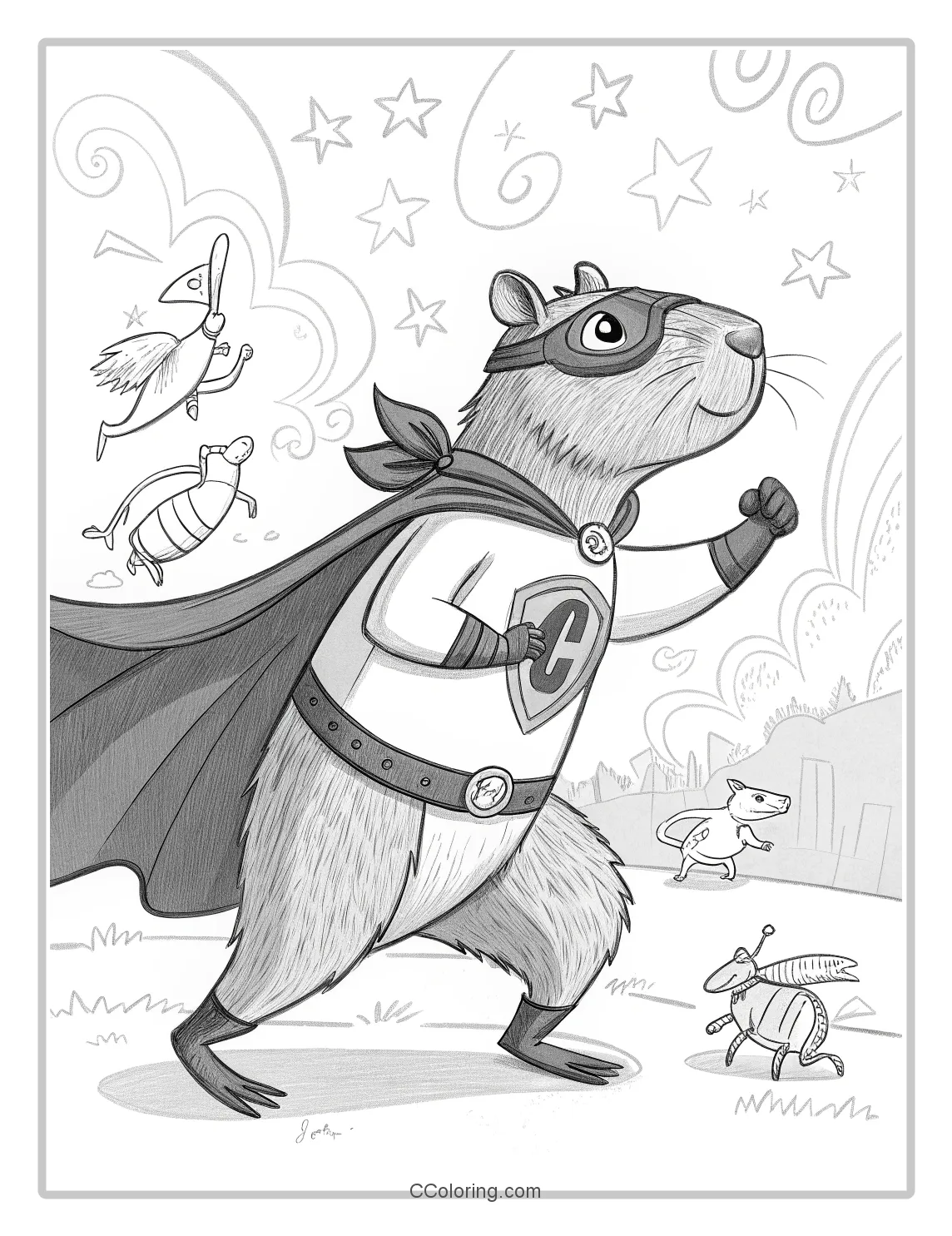 Capybara in a Superhero Suit action poses and villains