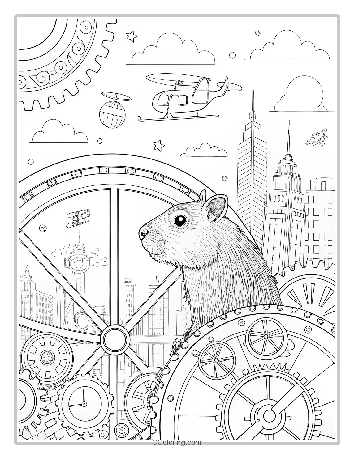 Capybara in a Time Machine easy coloring