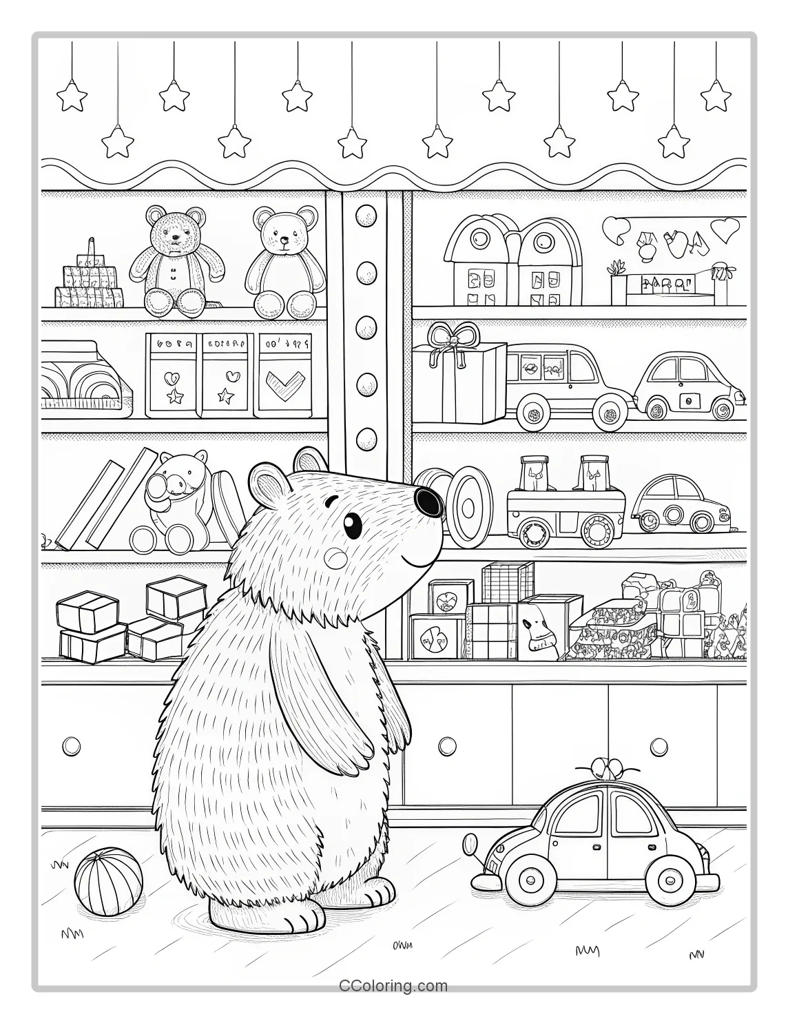 Capybara in a Toy Store and toy cars easy coloring