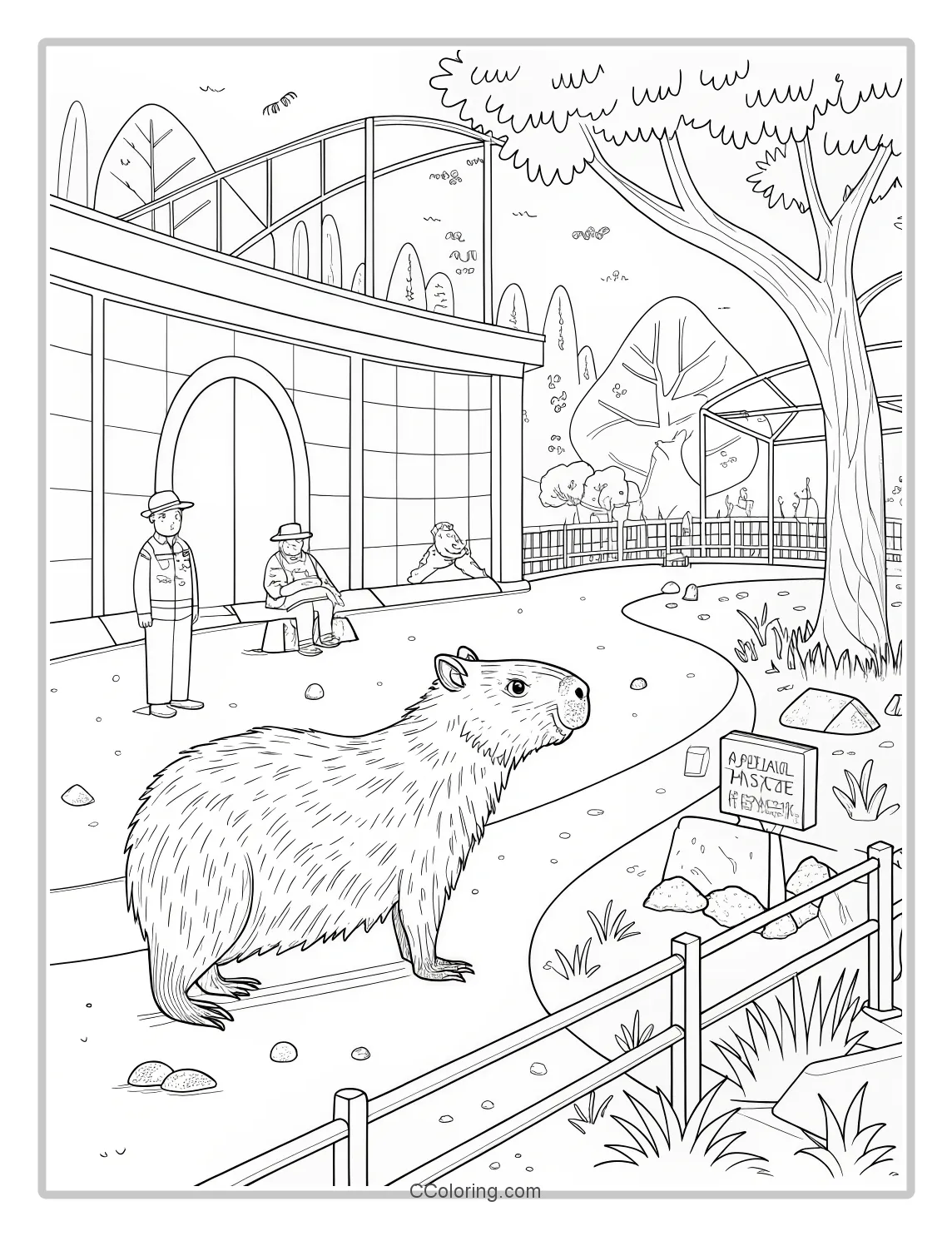 Capybara in a Zoo with other exotic animals and a zookeeper