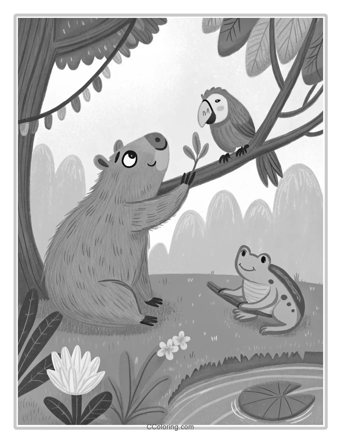 Capybara with Friends a parrot and a frog