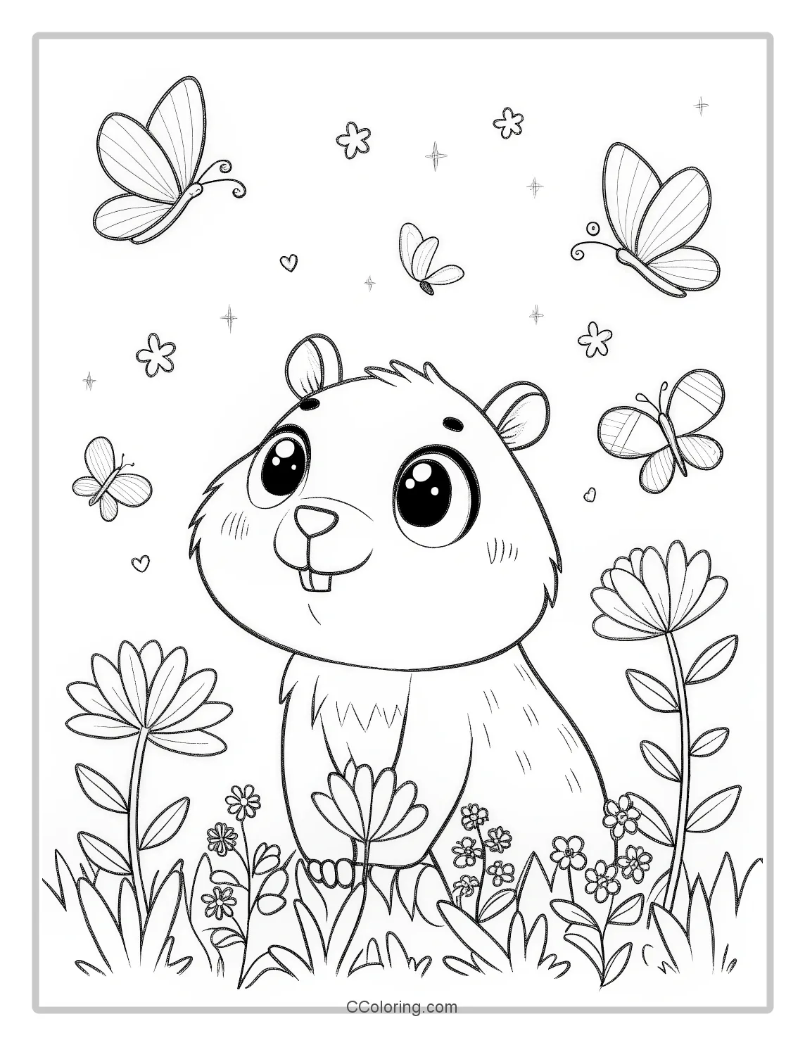 Capybara with a cute face butterflies and flowers
