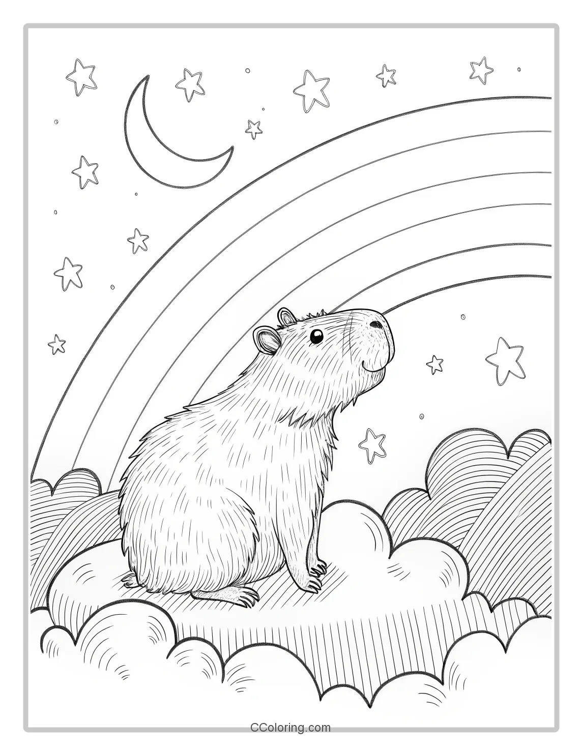 Capybarac coloring pages on a Cloud fluffy cloud with stars and rainbows