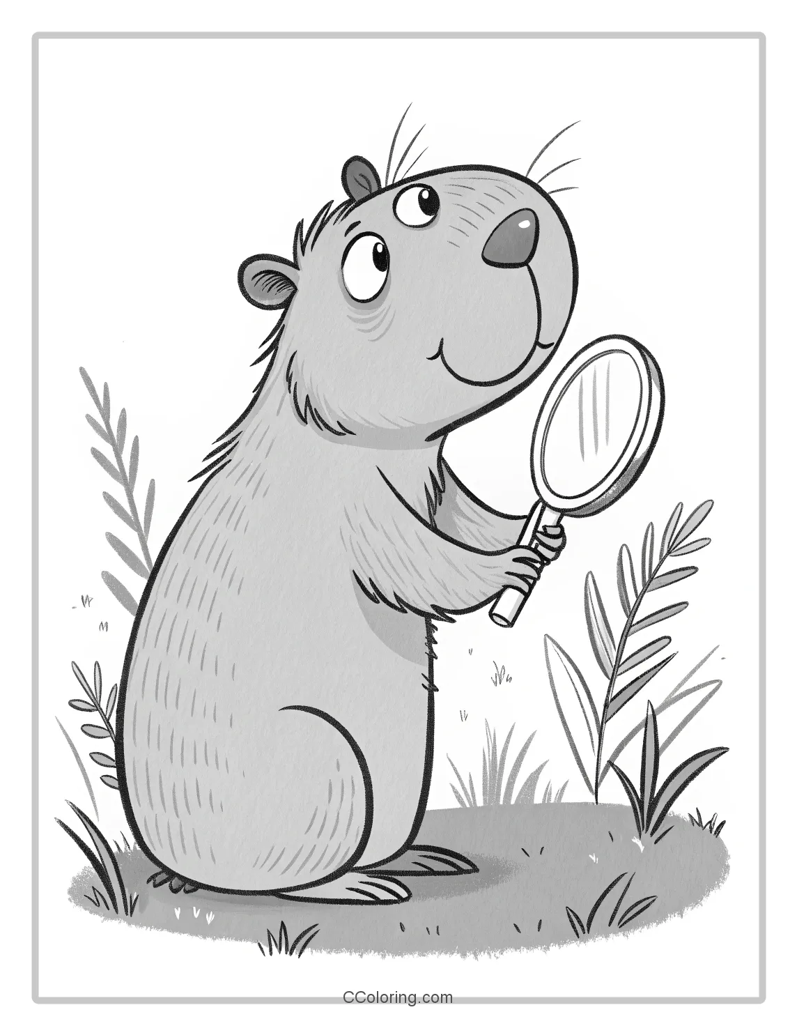 Cartoon A capybara coloring pages magnifying glass