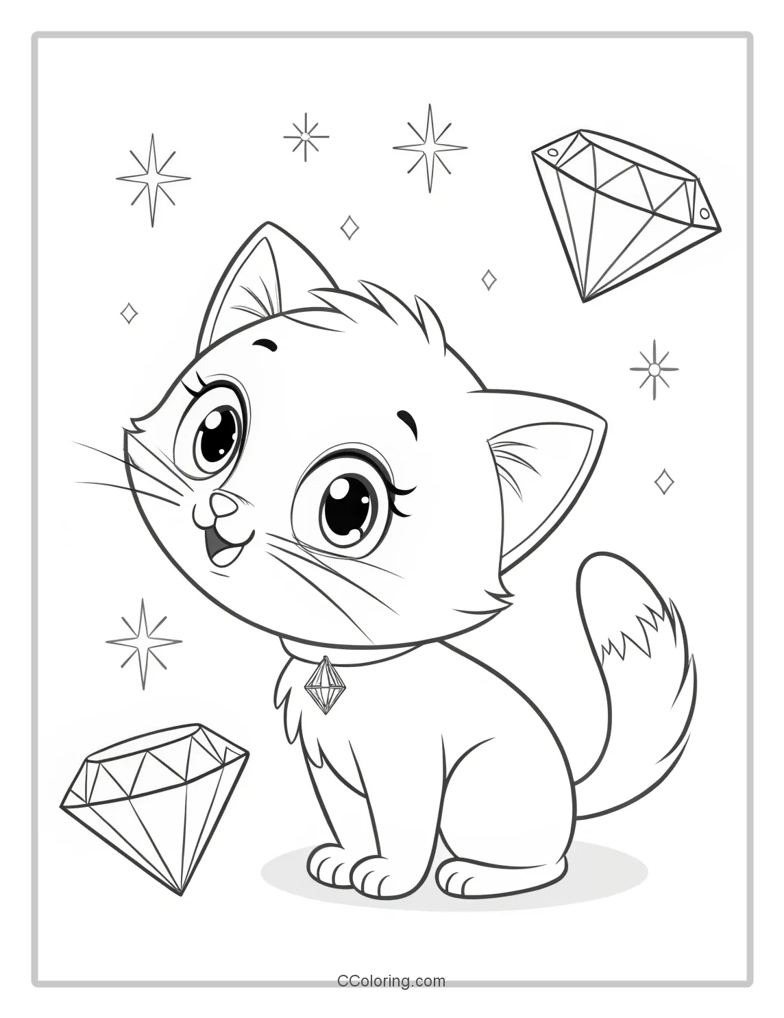 Cartoon Kitten with Sparkling Diamonds