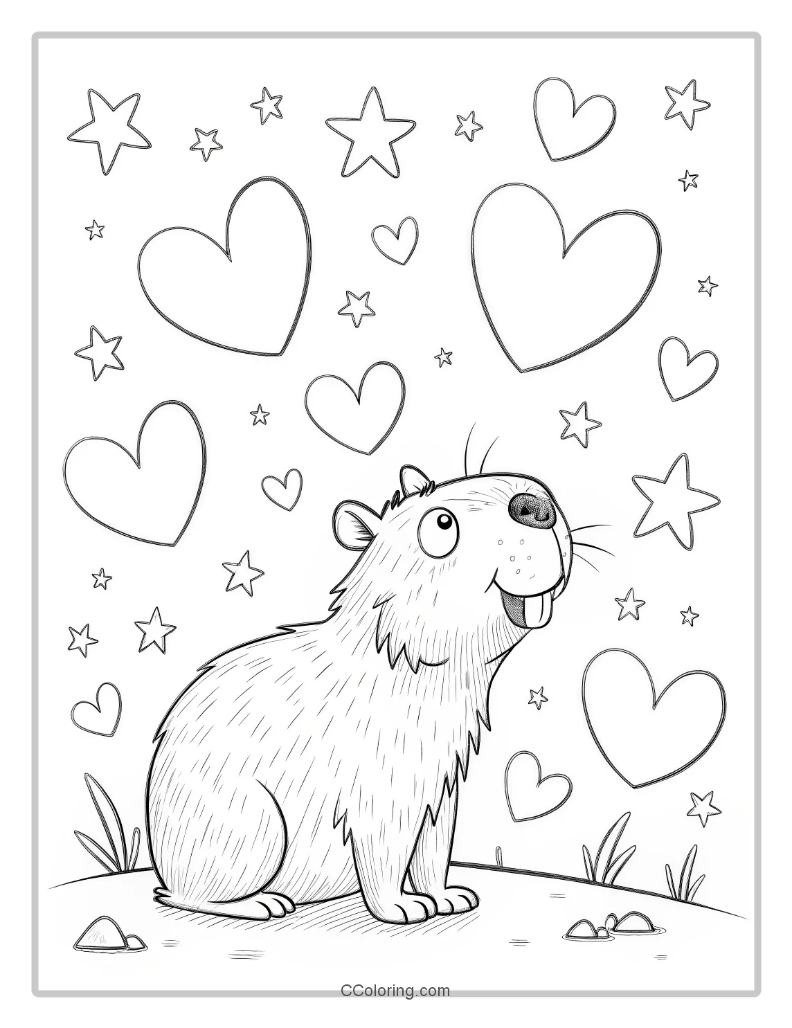 Cartoon capybara coloring pages hearts and stars