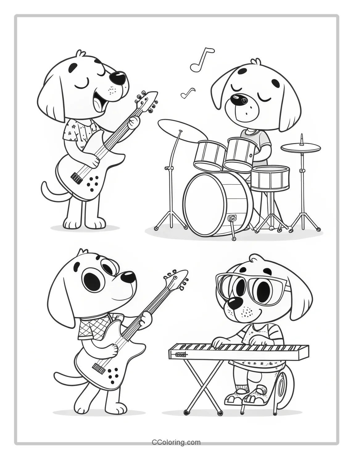 Puppies coloring pages with Music Instruments