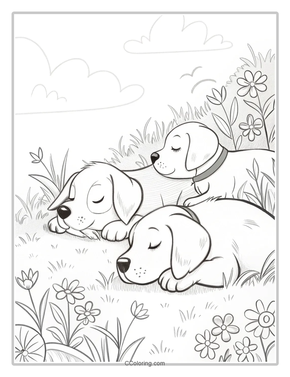 Cute Puppies Coloring Pages High Contrast with Puppies Taking a Nap