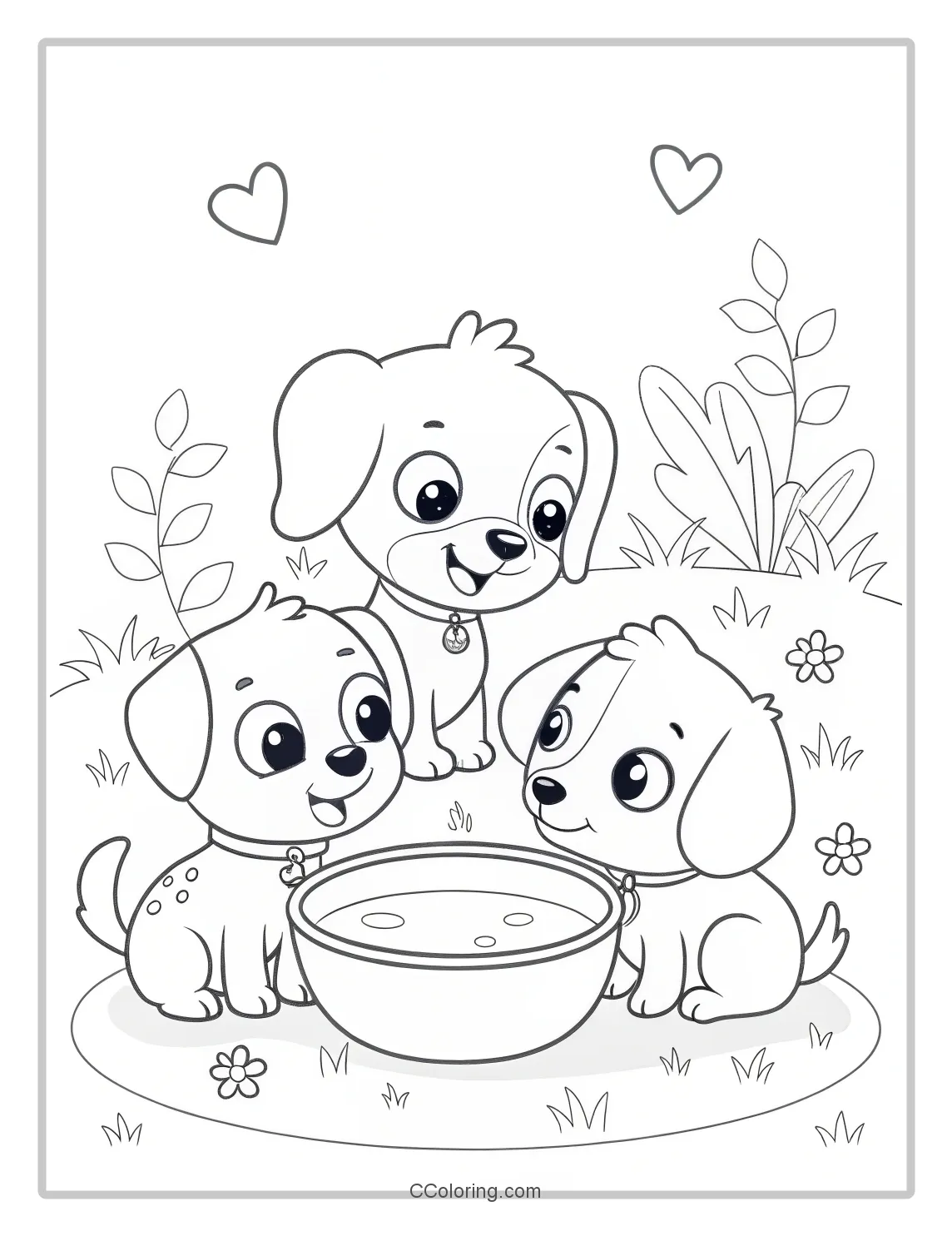 Cute Puppies Coloring Pages Simple  Adorable Puppies with a Bowl of Milk