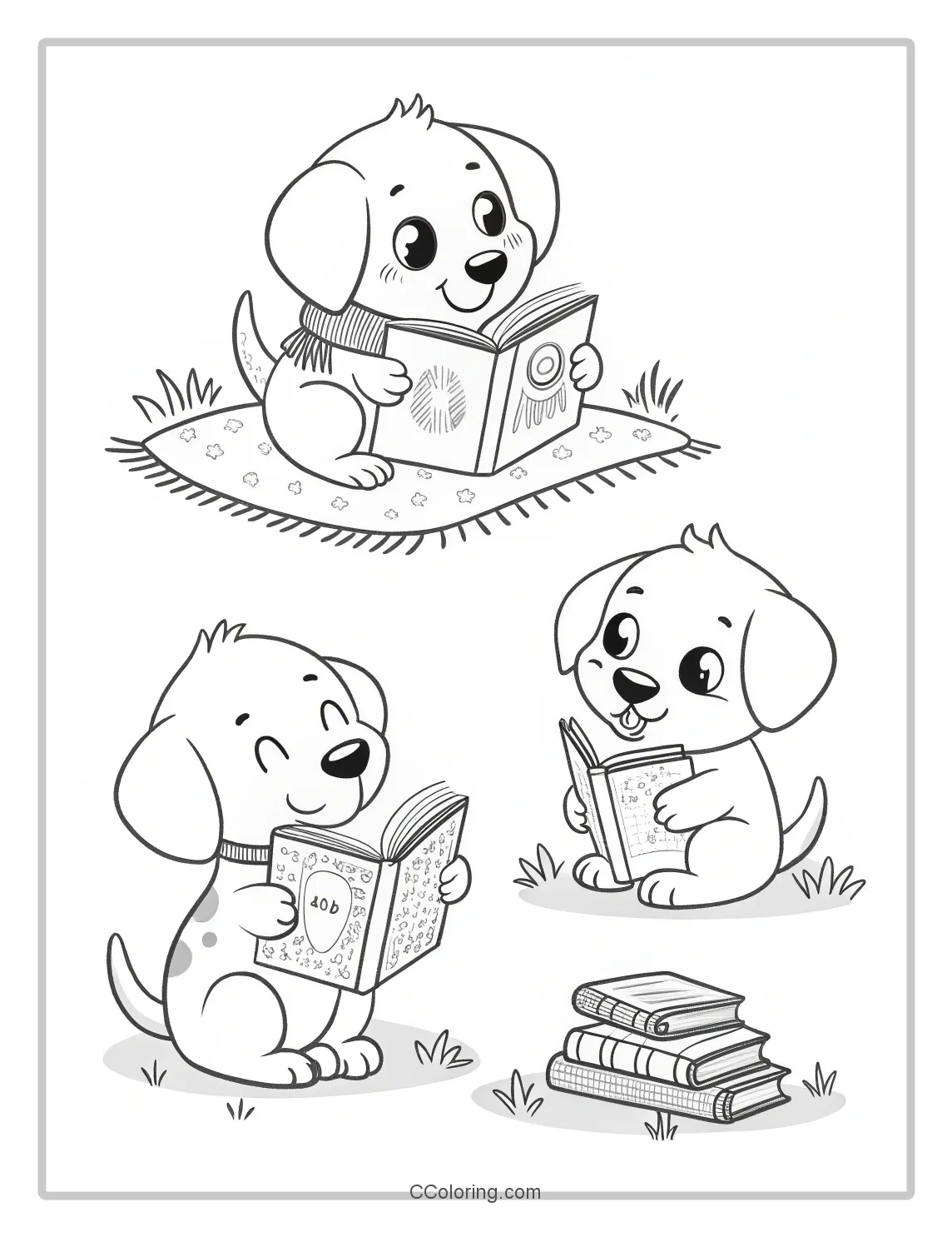 Cute Puppies Coloring Pages with Puppies Reading a Book