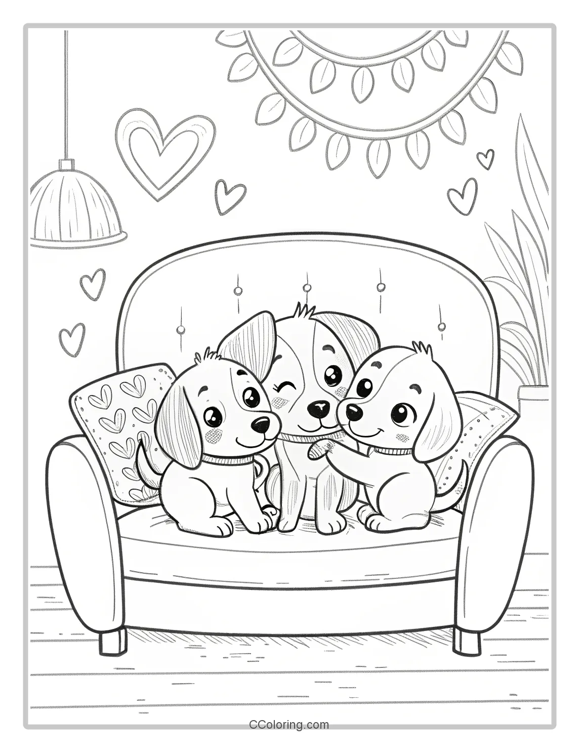 Cute Puppies Coloring Pages with Puppies Snuggling on a Sofa