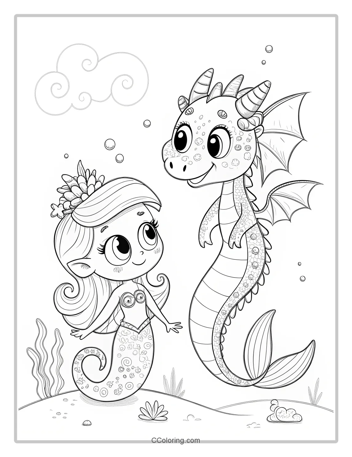 Cute dragon and mermaid coloring page