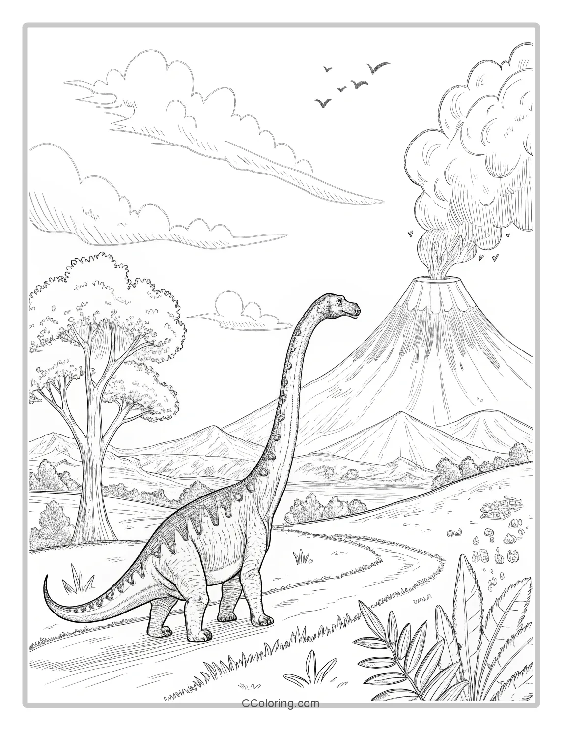 Dragon Brachiosaurus watching a volcano