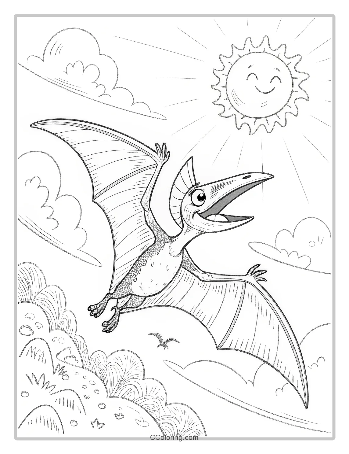 Dragon Pteranodon flying towards the sun