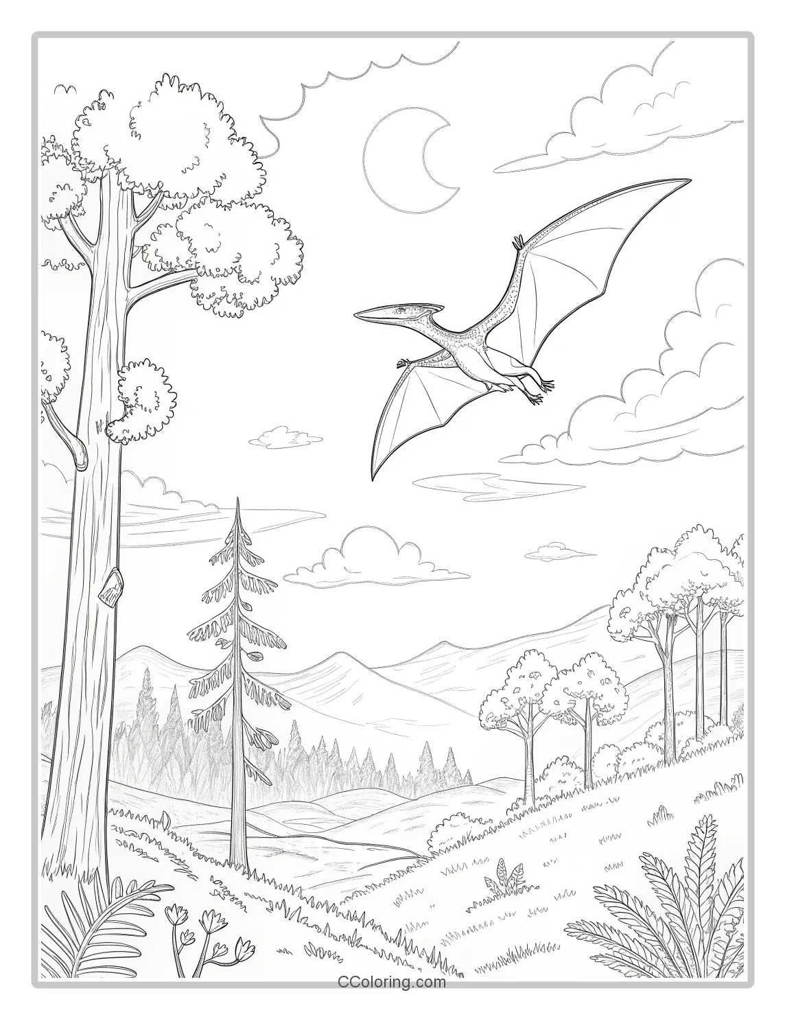 Dragon Pterosaur flying high above a prehistoric landscape