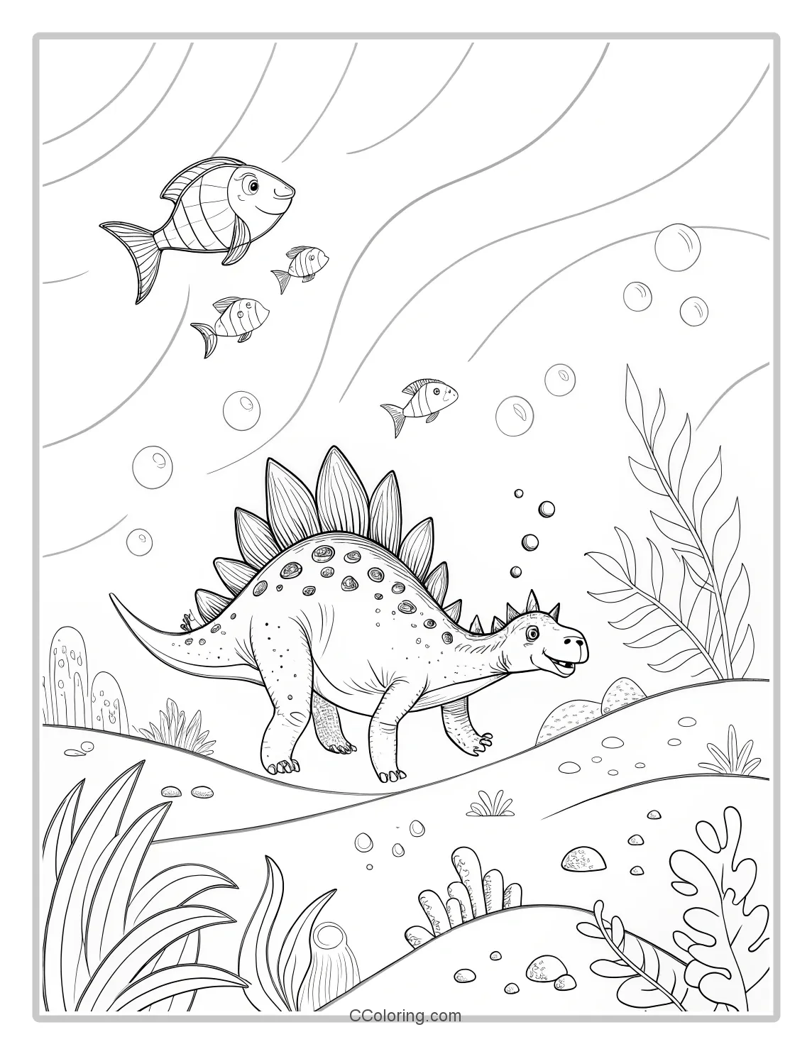 Dragon Stegosaurus chasing fish in the sea