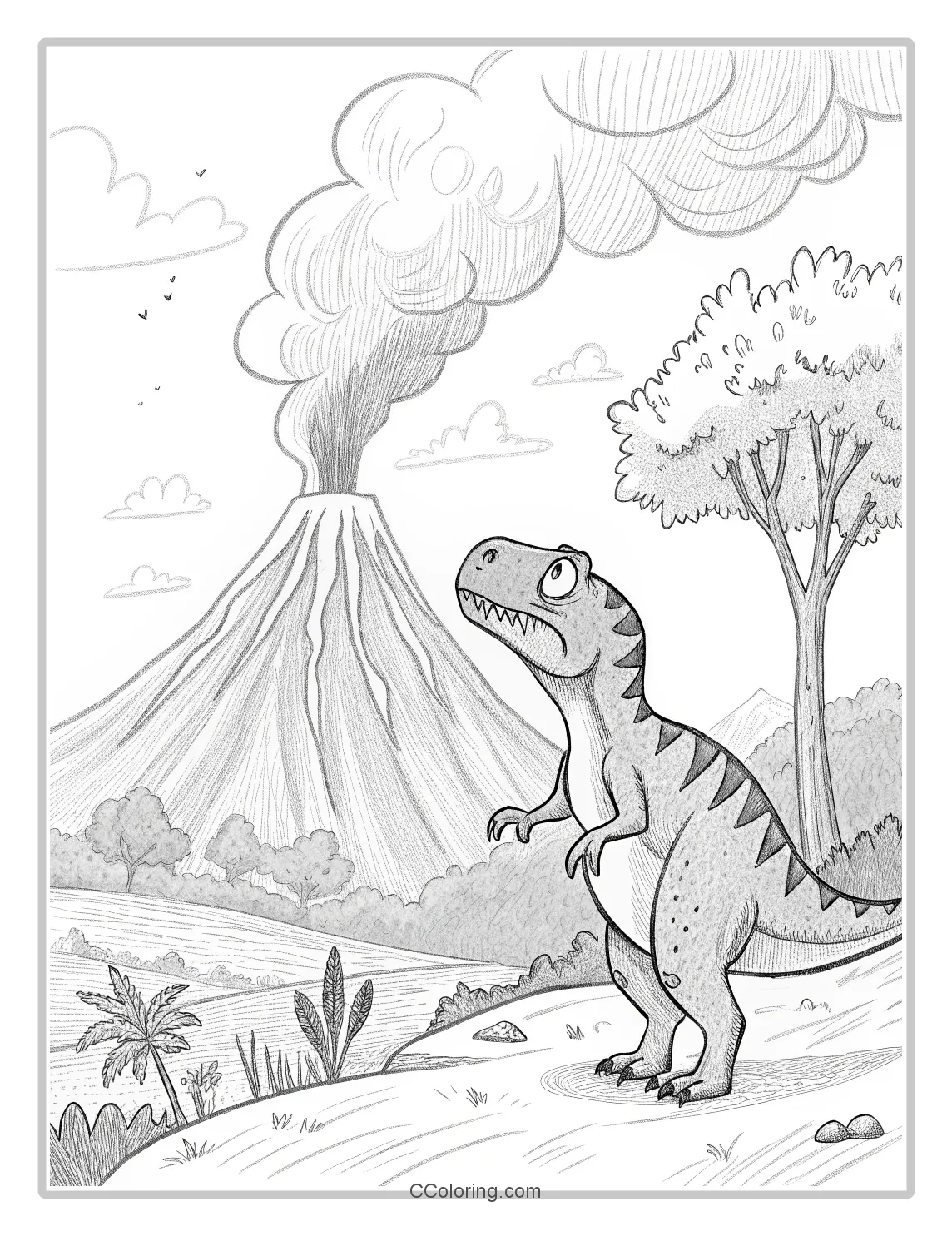 Dragon T Rex standing near an erupting volcano