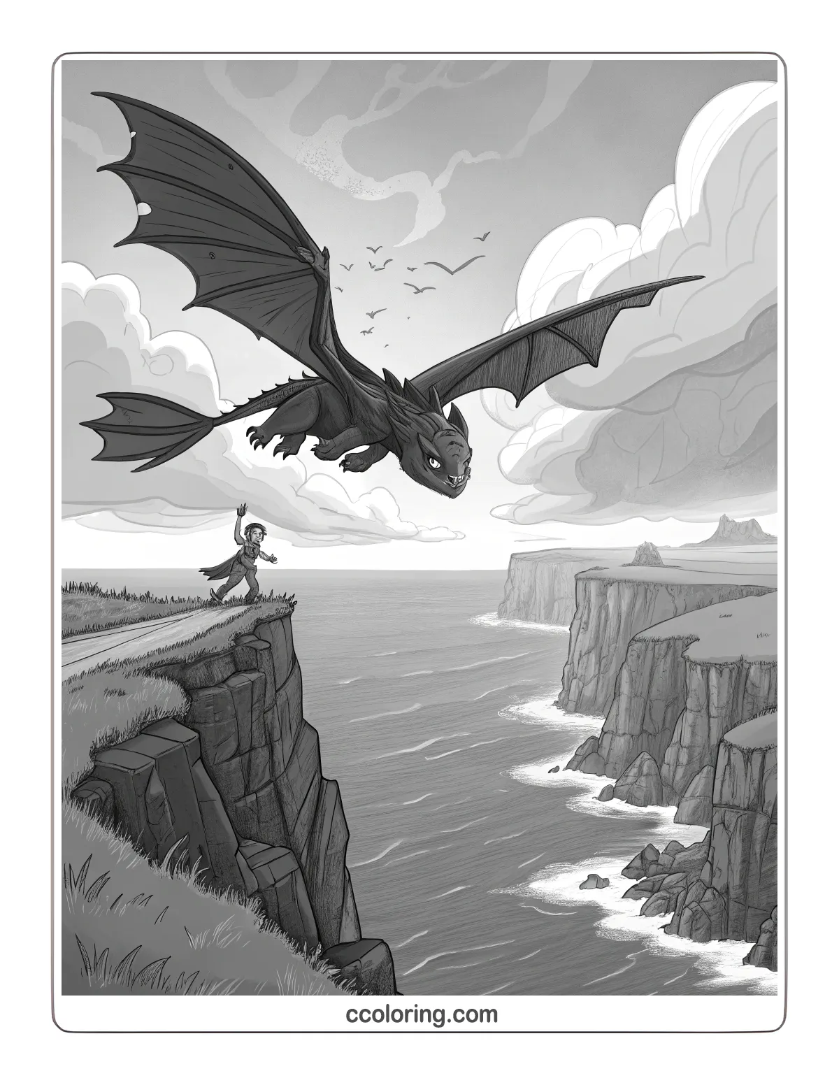 Hiccup and Toothless flying together over the Isle of Berk