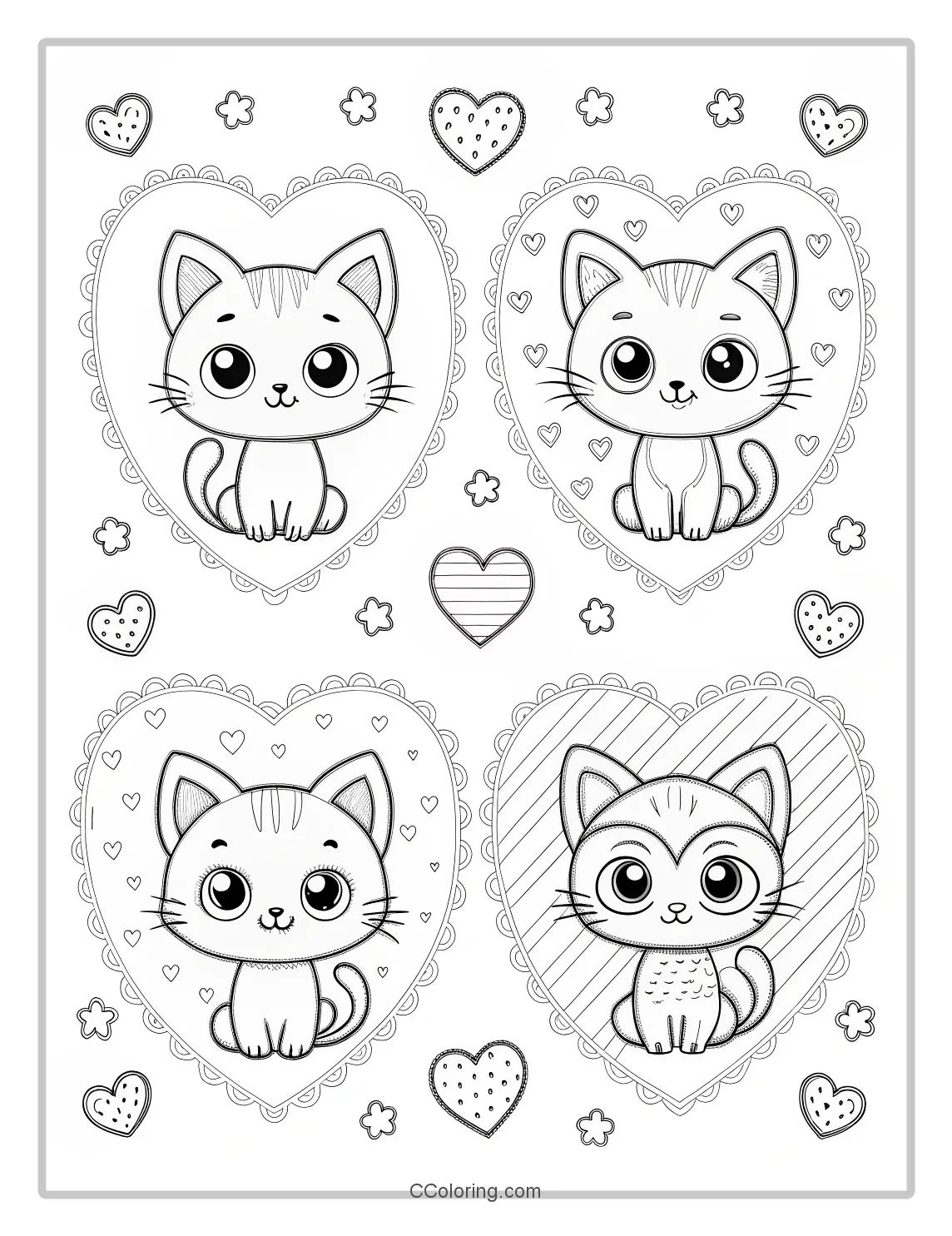 Kitten Coloring Pages in Heart Designs