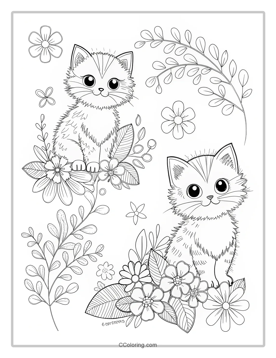 Kitten Coloring Pages with 3D Floral Embellishments